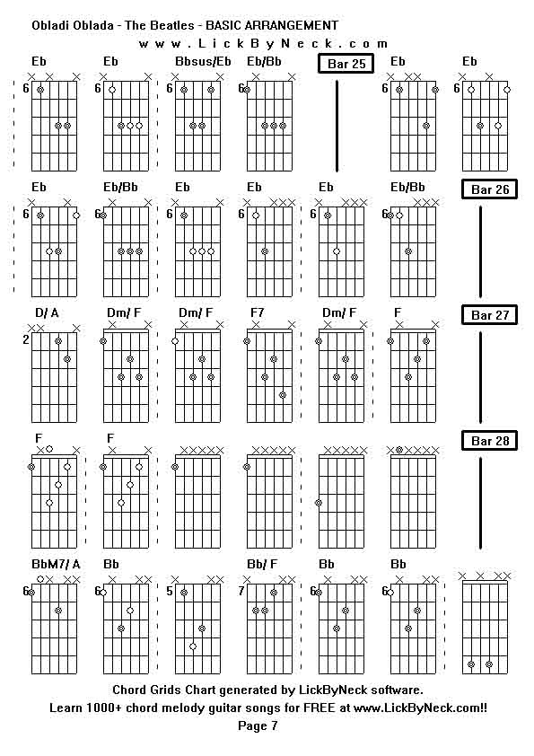 Chord Grids Chart of chord melody fingerstyle guitar song-Obladi Oblada - The Beatles - BASIC ARRANGEMENT,generated by LickByNeck software.